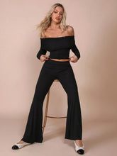 COSMINA 2pcs Women Casual Solid Off-Shoulder Top And Flared Pants Set, Autumn